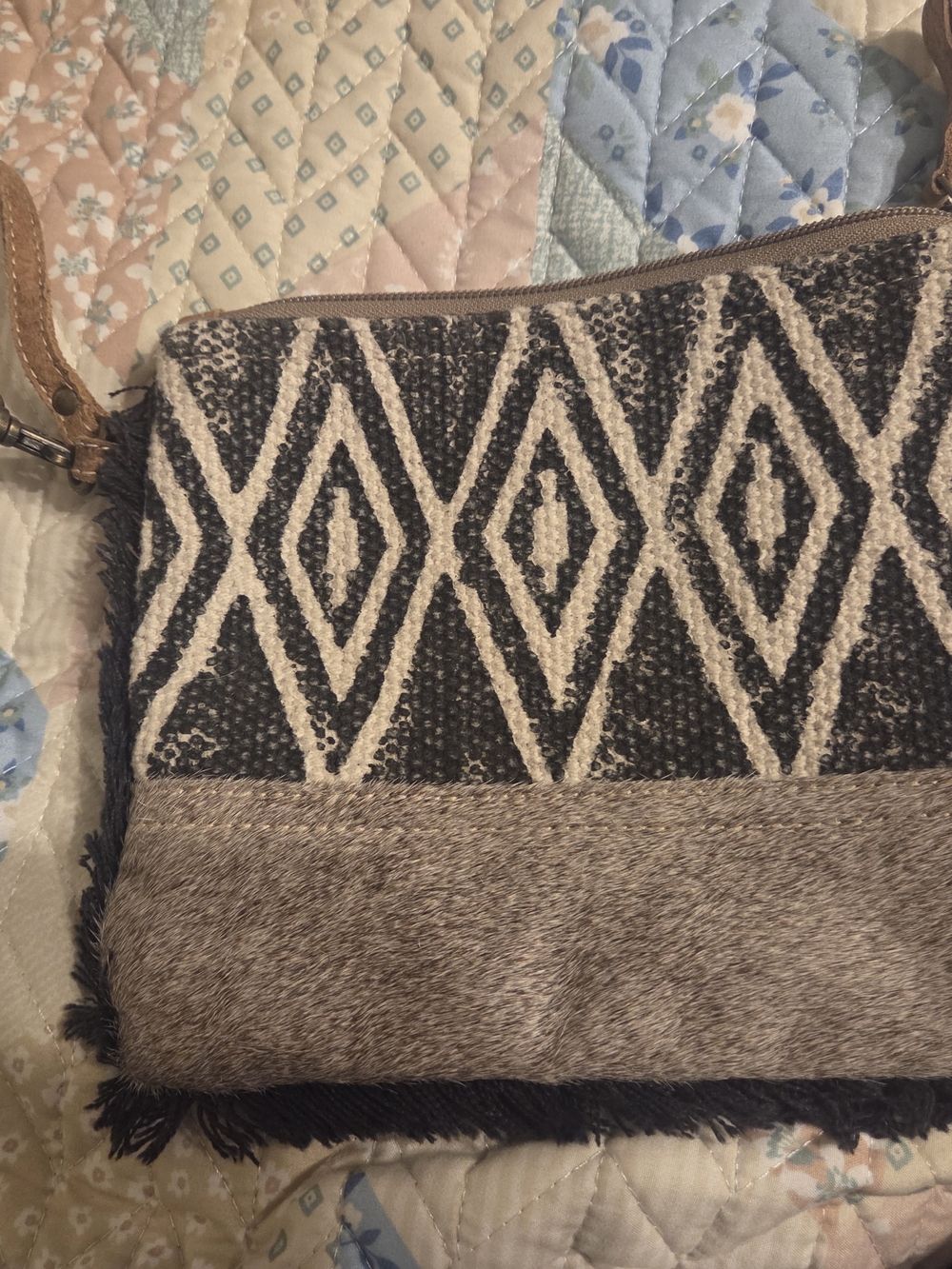 Myra Cosmetic Bag Black and Cream Geometric Wristlet
